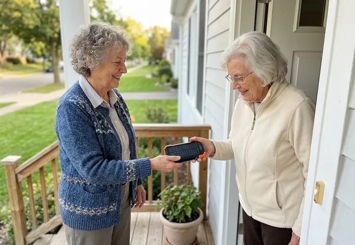 A woman handing a power bank to an older neighbor standing in her front doorway.