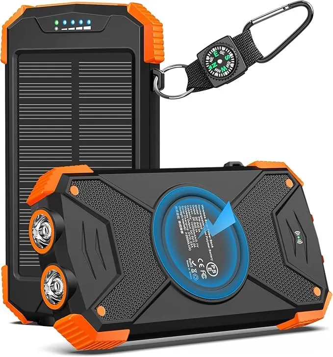 The Rivanta Emergency Power Bank, showing the solar panel face, twin LED lights and a compass carabiner
