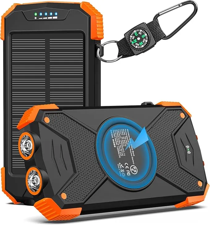 The Rivanta Emergency Power Bank, showing the solar panel face and the rear wireless charging pad, with a compass carabiner clip.
